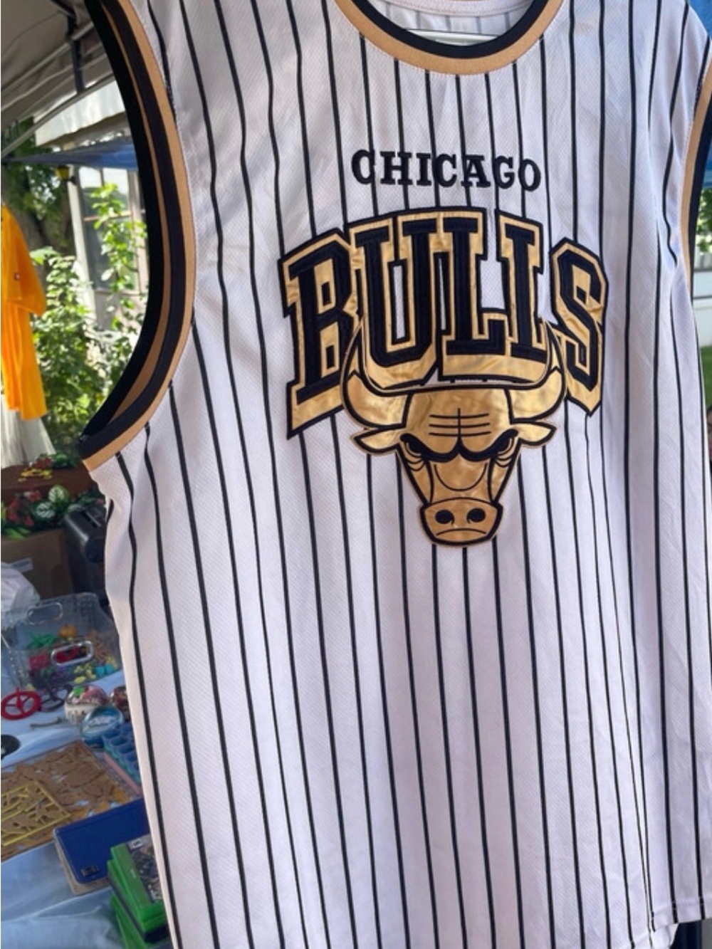 Chicago Bulls White Pinstripe Gold Logo Jersey